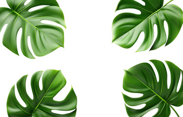 Lush monstera leaves with vibrant green hues create tropical ambiance, perfect for enhancing any interior space or design project. Their large, unique shapes add touch of nature beauty