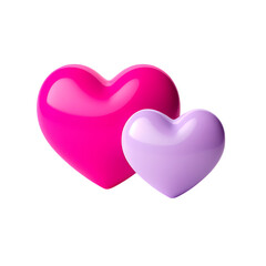 Two glossy hearts, one large vibrant pink and a smaller pastel lavender, symbolizing love, romance, and affection, against a clean white background