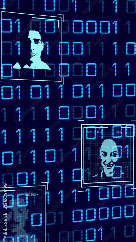 Poster animation of user profiles scanning against binary codes on digital interface