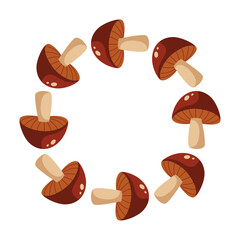 Frame in the form of a mushroom circle. Round frame of autumn mushrooms with brown cap. Vector drawing on a white background.