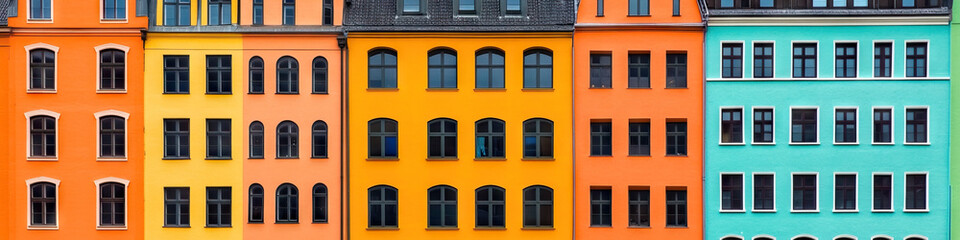 Fototapeta premium Row of Multi-Story Buildings with Orange, Yellow, and Teal Facades