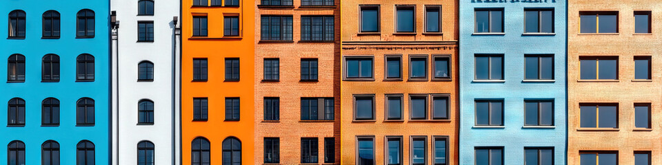 Fototapeta premium Facade of Five Multi-Story Buildings with Varied Colors and Uniform Windows