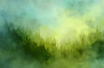 Abstract green watercolor background with a grungy texture, a blurred forest scene, a dark green and light yellow color scheme, soft focus