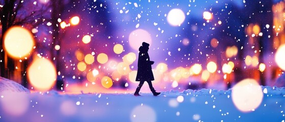 A person walks through a snowy, illuminated street at night, surrounded by colorful lights and falling snowflakes.