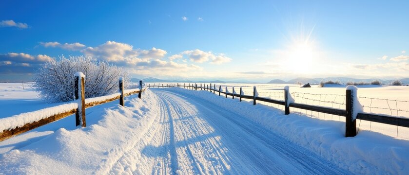 A snow-covered country road with a wooden fence curves through a bright, sunny winter landscape under a clear blue sky.