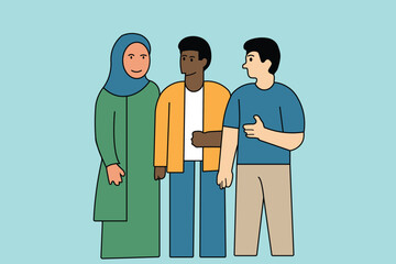 Diverse group of young adults engaged in a friendly conversation, representing multicultural community and inclusive teamwork.