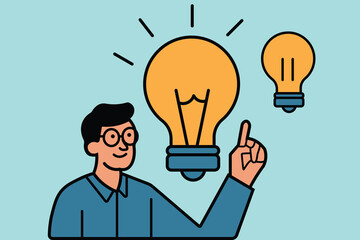 Flat illustration of a man pointing to a glowing light bulb, symbolizing creative thinking, new ideas, innovation, and concept development in a modern style.
