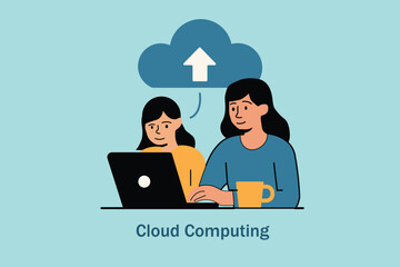 Flat illustration of a woman and child using a laptop with a cloud upload icon. Represents cloud computing, data sharing, digital learning, and online collaboration.