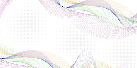 Colorful abstract wave lines on white background. Smooth flowing gradient curves in green, orange, blue, and halftone