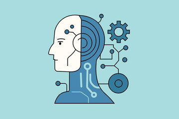 Flat vector of AI concept with half-human, half-machine head. Represents neural networks, cognitive computing, robotics, and future tech integration
