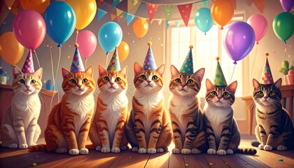 Row of kittens at birthday celebration