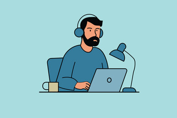 Focused man working remotely from his home office, demonstrating productivity and concentration in a digital workspace environment.