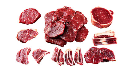 Set of red lips with raw red meat slices,   Isolated on white background, clipping path included, transparent png.