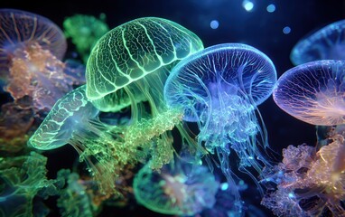 Vibrant jellyfish in a dark aquarium