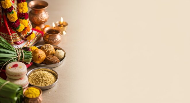 Offerings like durva grass, modak and kalasha are placed in front of the idol