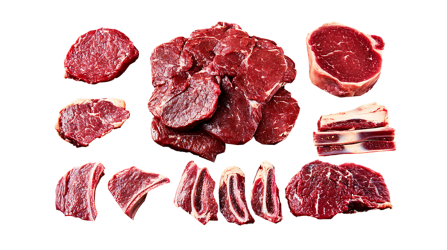 Set of red lips with raw red meat slices,   Isolated on white background, clipping path included, transparent png.