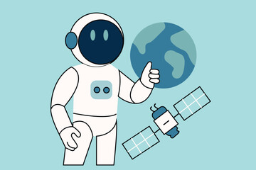Futuristic robot astronaut alongside Earth and a satellite, symbolizing advanced space exploration and global communication technology.
