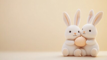 Two pastel bunnies embrace a pastel egg.