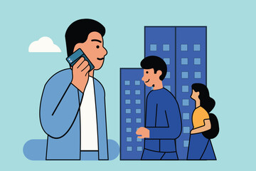 Modern urban scene showing people connecting in a city environment, emphasizing mobile communication and a connected lifestyle.