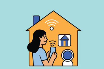 Smart home concept illustration with woman operating smart devices through a mobile app demonstrating modern living convenience wireless control and home automation