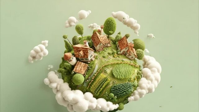 floating green planet with small houses farms 4K Videos