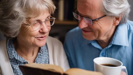 Two elderly people reading a book together - Powered by Adobe