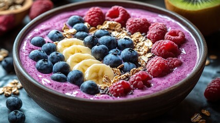Vibrant Purple Smoothie Bowl with Fresh Berries, Banana Slices, and Granola
