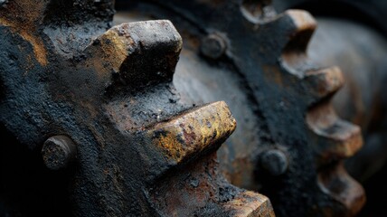 A close-up on the texture of heavy industrial machinery, showing wear and tear, conveying durability and hard work