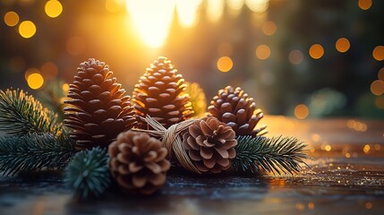 Pine Cones and Pine Branches on Wooden Surface with Bokeh Lights at Sunset