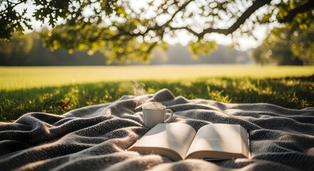 Fototapeta premium Peaceful Morning: Coffee, Book, and Blanket in Sunny Meadow