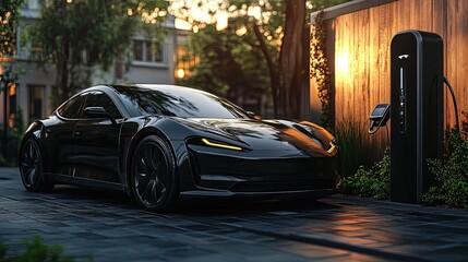 Black Electric Vehicle Charging at Home in a Residential Area During Sunset