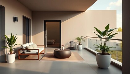 Fototapeta premium Sleek minimalist terrace, muted tones, modern furniture, clean lines, potted plant, perspective, pot