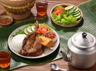 Bebek Goreng. Fried Duck Rice is duck meat that is fried and served with fresh vegetables plus a picnic