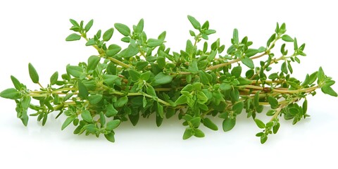 Obraz premium Aromatic bunch of fresh thyme herbs presented against a white backdrop