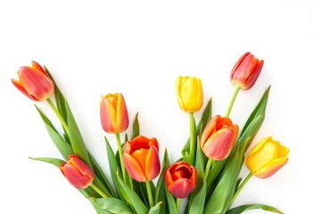 Obraz premium Vibrant spring tulips in creative arrangement against pure white backdrop, studio shot, artistic