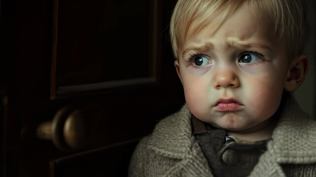 Melancholy Little Boy Standing by the Door Looking Serious