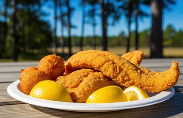 Golden crispy southern fried catfish served with hush puppies and lemon wedges on outdoor wooden table in casual backyard setting