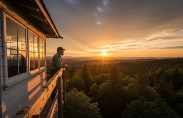 Silhouette of lookout perched atop tall wooden fire tower watches orange sun descend over silent green forest, distant horizon glowing
