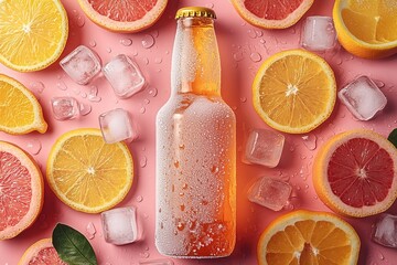 Chilled Beer Bottle with Citrus Slices and Ice Cubes on Pink Background for Summer Refreshment