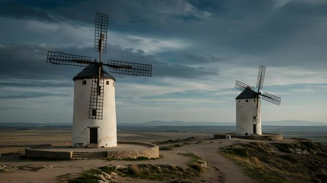 Two White Cylindrical Windmills with Dark Sails Under a Cloudy Sky in Rural Landscape