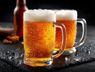 Two frosty mugs of light beer