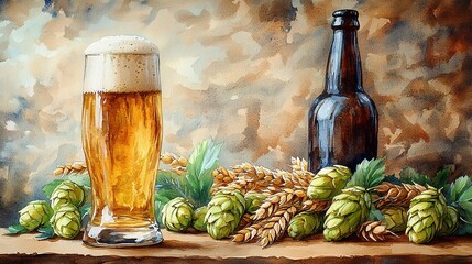 A watercolor painting of a beer glass, bottle, hops and barley on a wooden surface