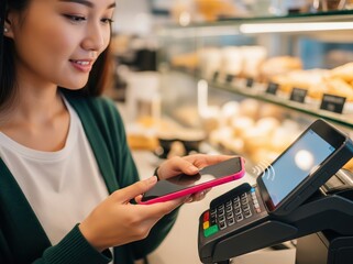 Close-up of girl holding phone near POS system, making contactless payment for food with e-money in modern restaurant setting
