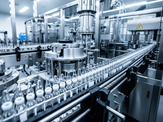 Glass vials moving along pharmaceutical production line, sterile environment with high-tech automation ensures safe, consistent medicine filling process