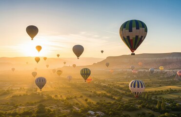 Obraz premium Scenic sunrise view with hot air balloons gliding over valleys and hills, perfect tranquil backdrop for peaceful travel or outdoor adventure moment