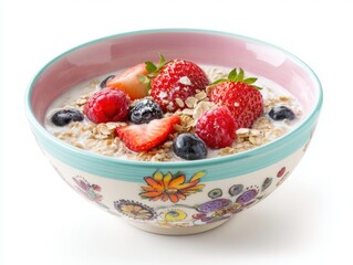 Colorful ceramic bowl filled with fresh mixed berries and oatmeal, healthy breakfast or snack with strawberries blueberries raspberries fruit