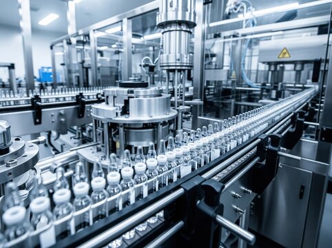 Glass vials moving along pharmaceutical production line, sterile environment with high-tech automation ensures safe, consistent medicine filling process