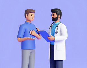 3D Illustration of Man Describing Chest Pain Symptom to Doctor in Minimal Clean Setup