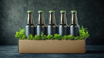 Five Brown Beer Bottles with Green Caps in a Cardboard Box Surrounded by Greenery on a Dark Background
