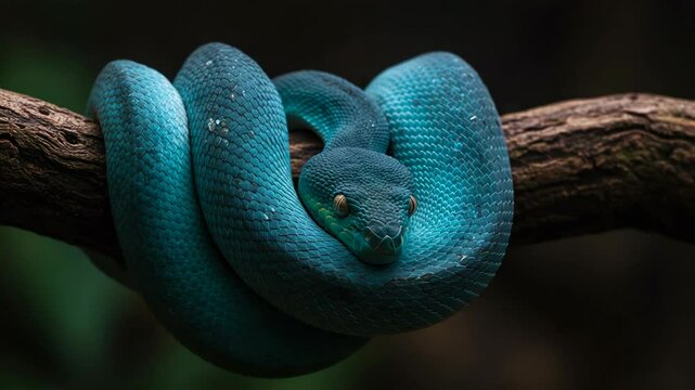 Vibrant Blue Snake Coiled on Branch Detailed Reptile Scale Texture Against Dark Green Backdrop Wildlife Macro Photography